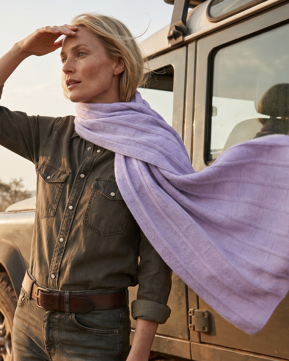 Model trägt hellgelben Kaschmirschal BHUTAN von EMAAL CASHMERE auf Safari-Reise EMAAL CASHMERE#Farbe_rosa
