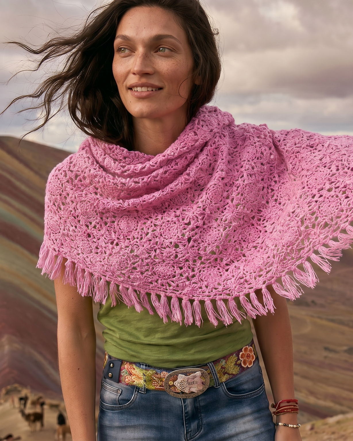 Rosa handgehäkelter Kaschmirschal LAPAZ von EMAAL CASHMERE in den Anden#Farbe_rosa