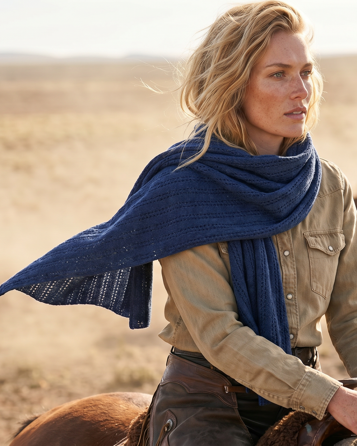 Model trägt dunkelblauen EMAAL CASHMERE Kaschmirschal LHASA in luxuriöser Reiseszene#Farbe_dunkelblau