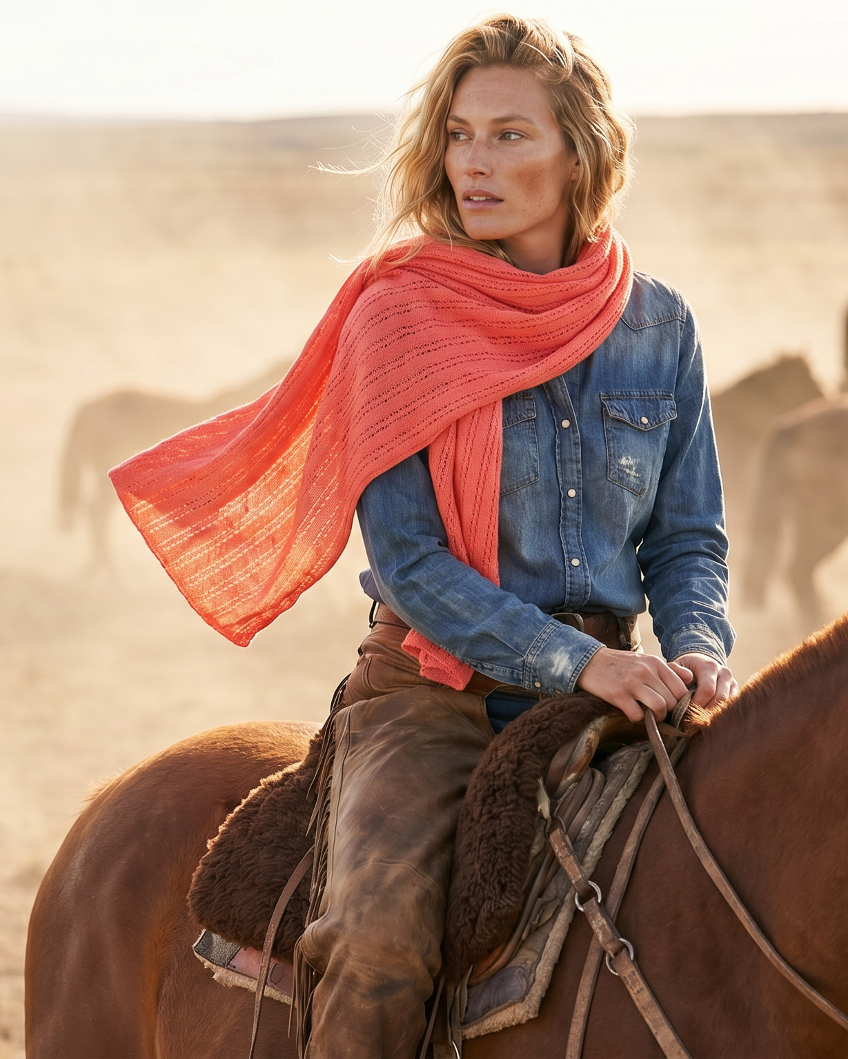 Model trägt orangen EMAAL CASHMERE Kaschmirschal LHASA in natürlicher Reiseszene#Farbe_orange