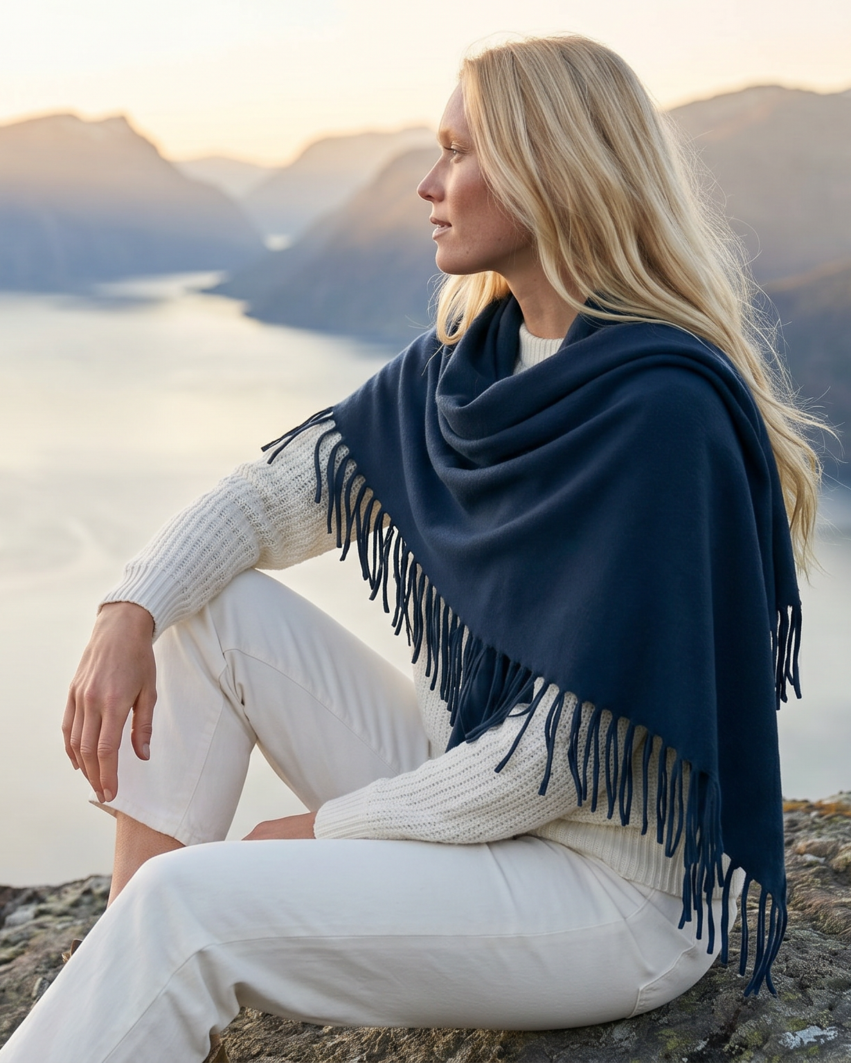 Frau auf Felsen mit Schal#Farbe_Marineblau