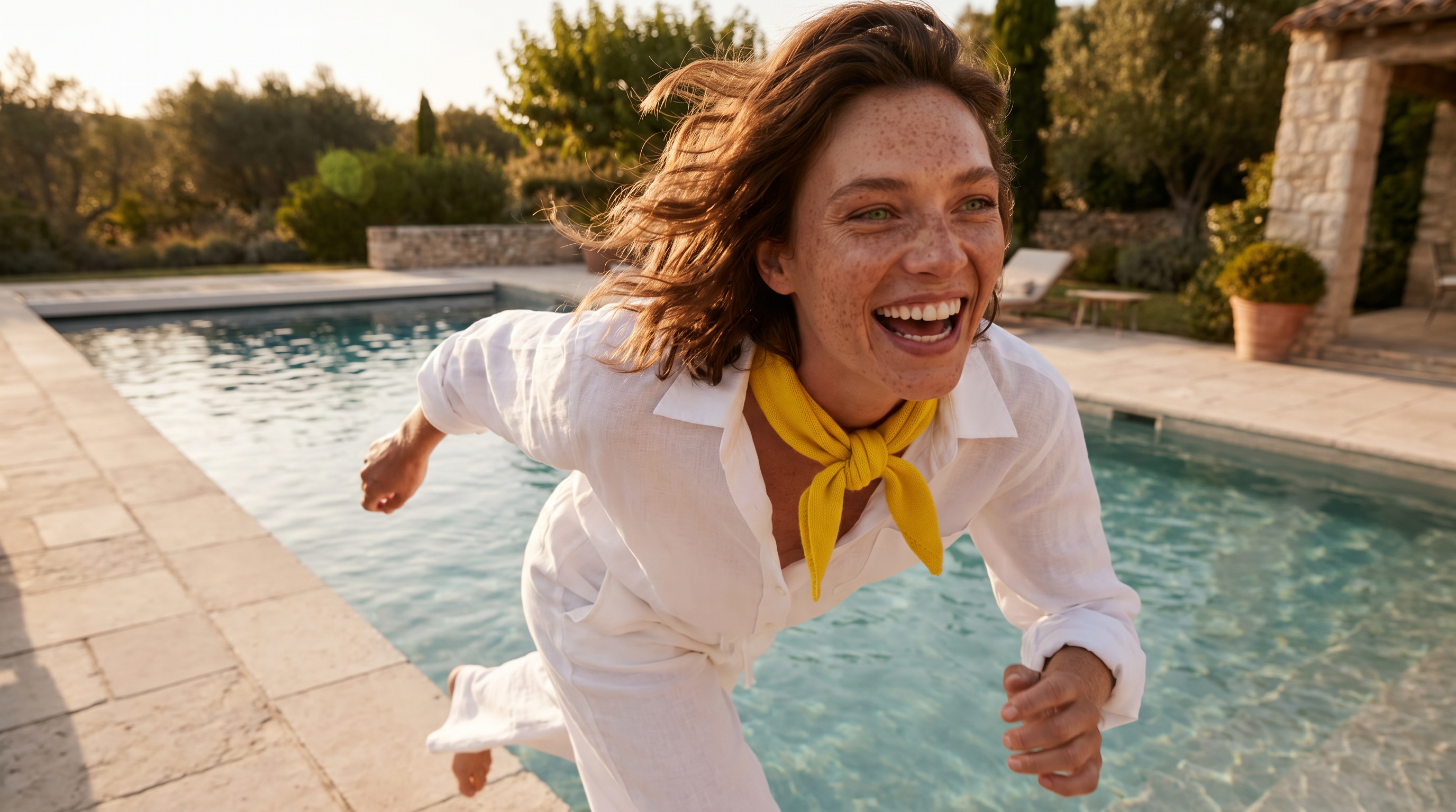 Frau am Pool mit Sommerschal klein in gelb.