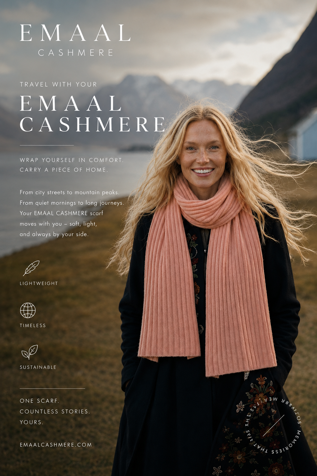 Elegante Frau mit luxuriösem Cashmere Schal vor dramatischer Berglandschaft – zeitlose Quiet Luxury Ästhetik von Emaal Cashmere