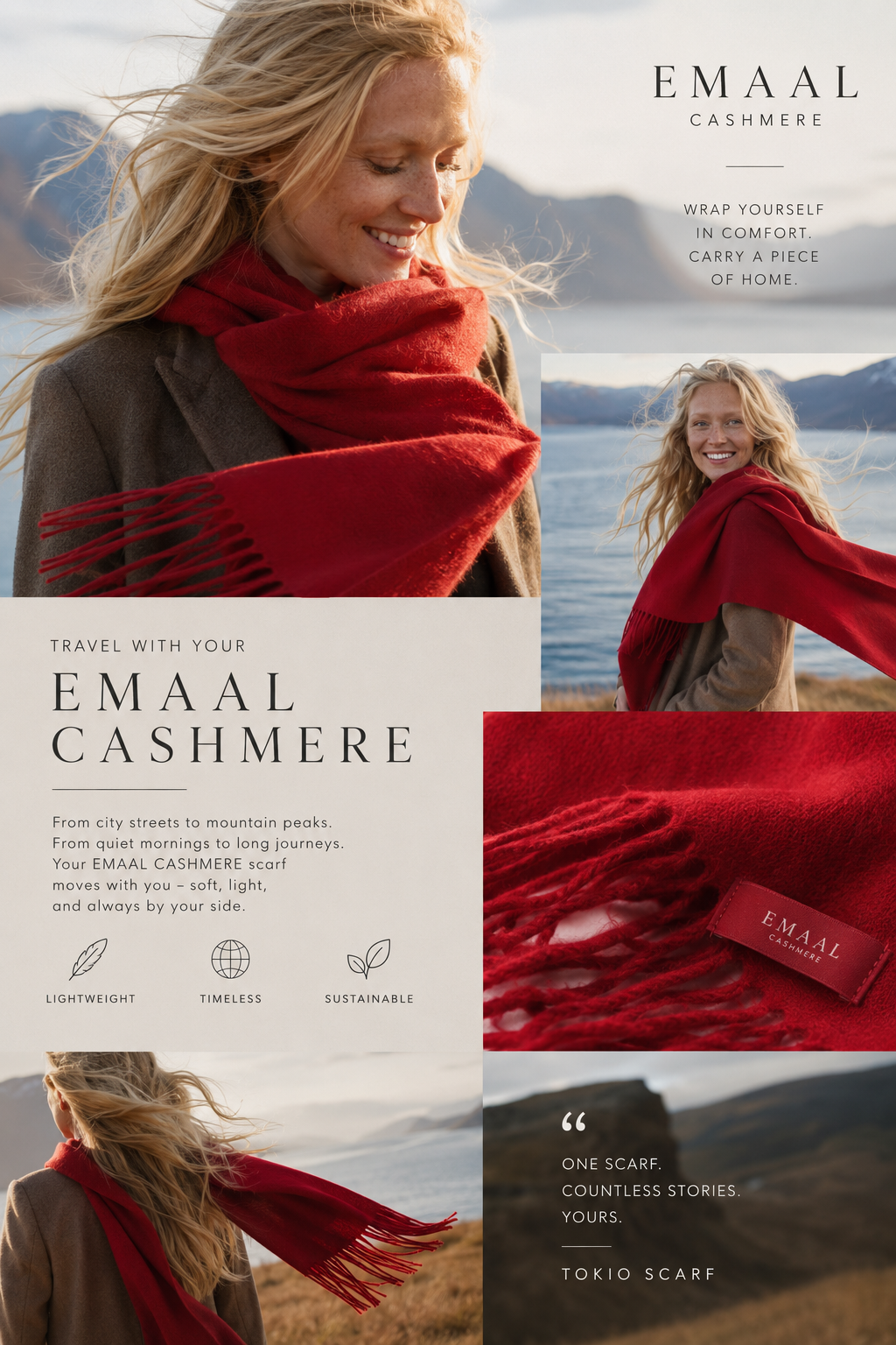 Moderne Frau mit weichem Cashmere Schal in alpiner Landschaft mit Nebel und Bergen – Premium Cashmere von Emaal Cashmere