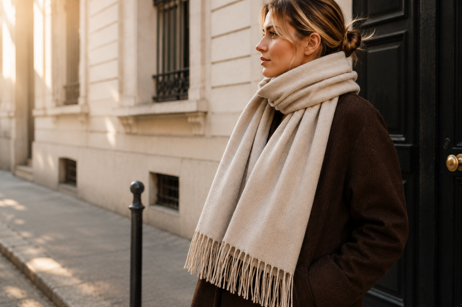 • EMAAL CASHMERE Moodbild mit moderner Frau und weichem Cashmere Schal