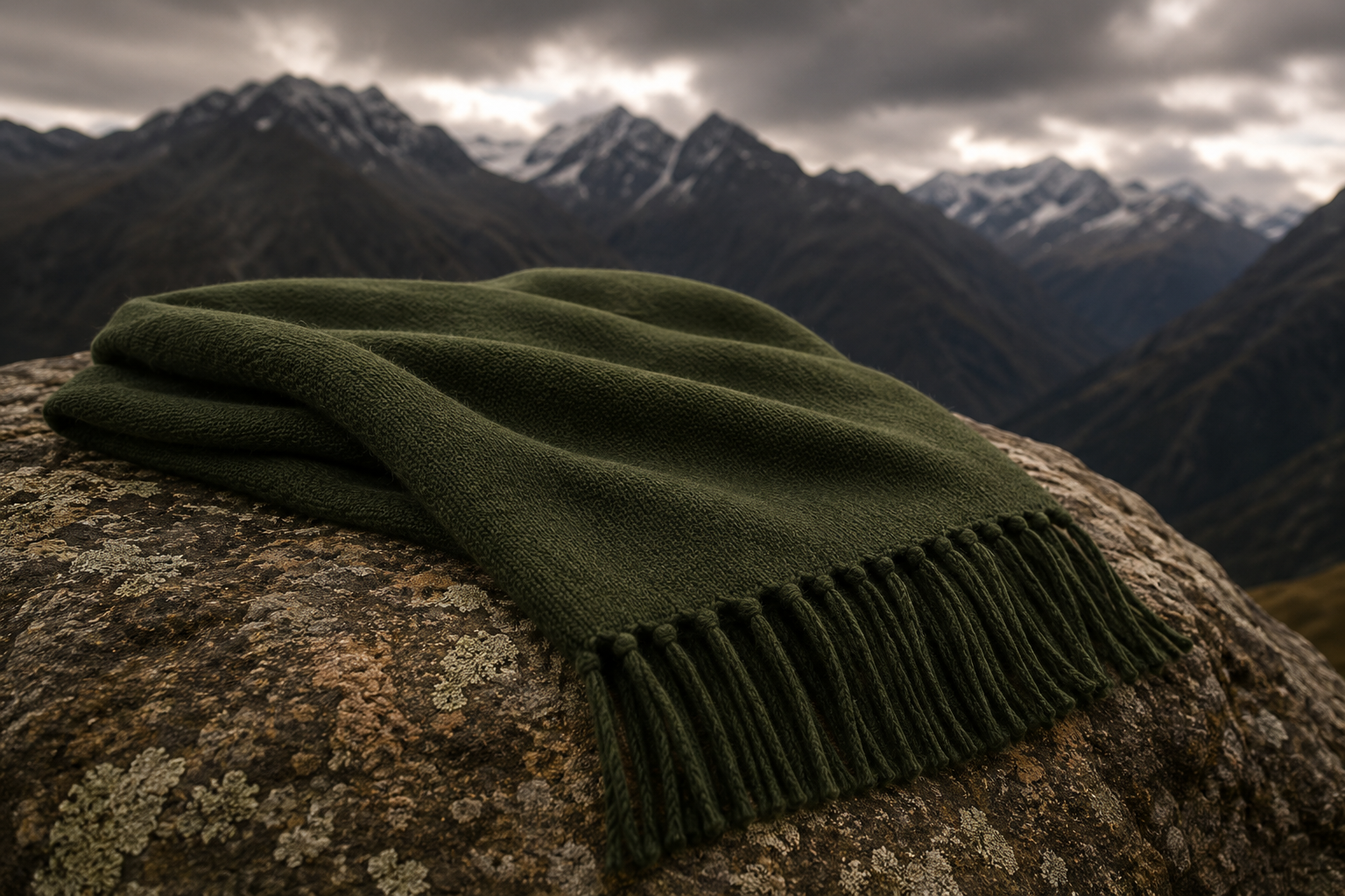 Dunkelgrüner Premium Cashmere Schal in dramatischer Berglandschaft – zeitlose Quiet Luxury Ästhetik inspiriert von Natur und alpiner Eleganz bei Emaal Cashmere