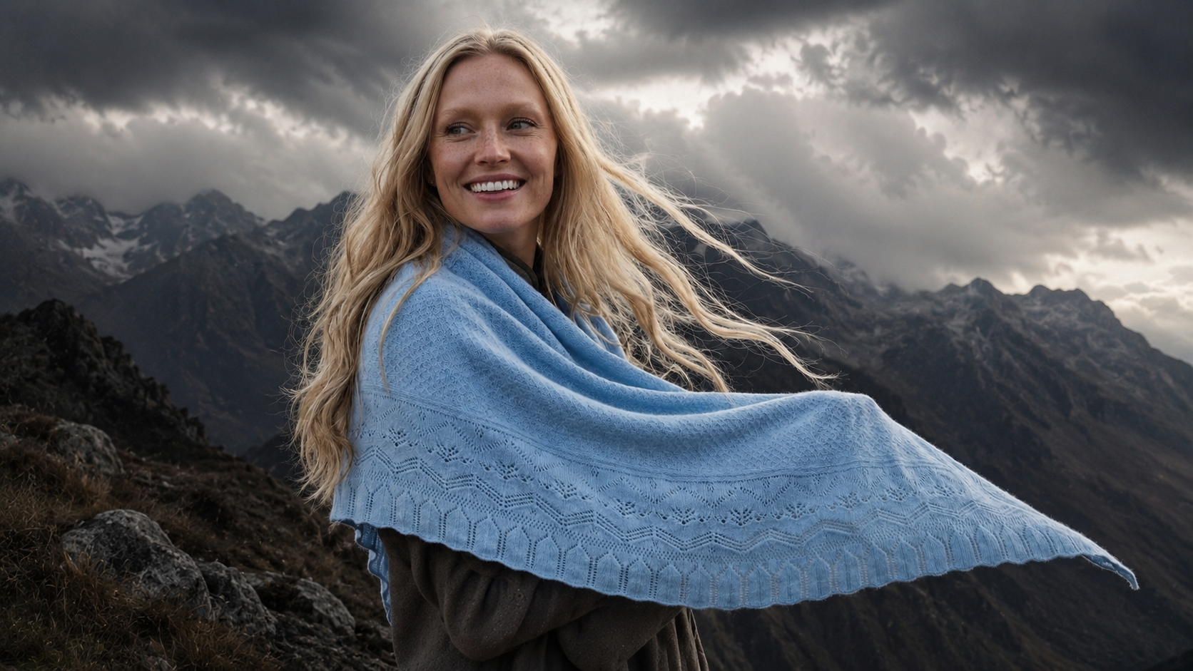 Hellblaues Kaschmirdreieck Paros im Sale vor alpiner Landschaft – 100% Kaschmir | EMAAL CASHMERE