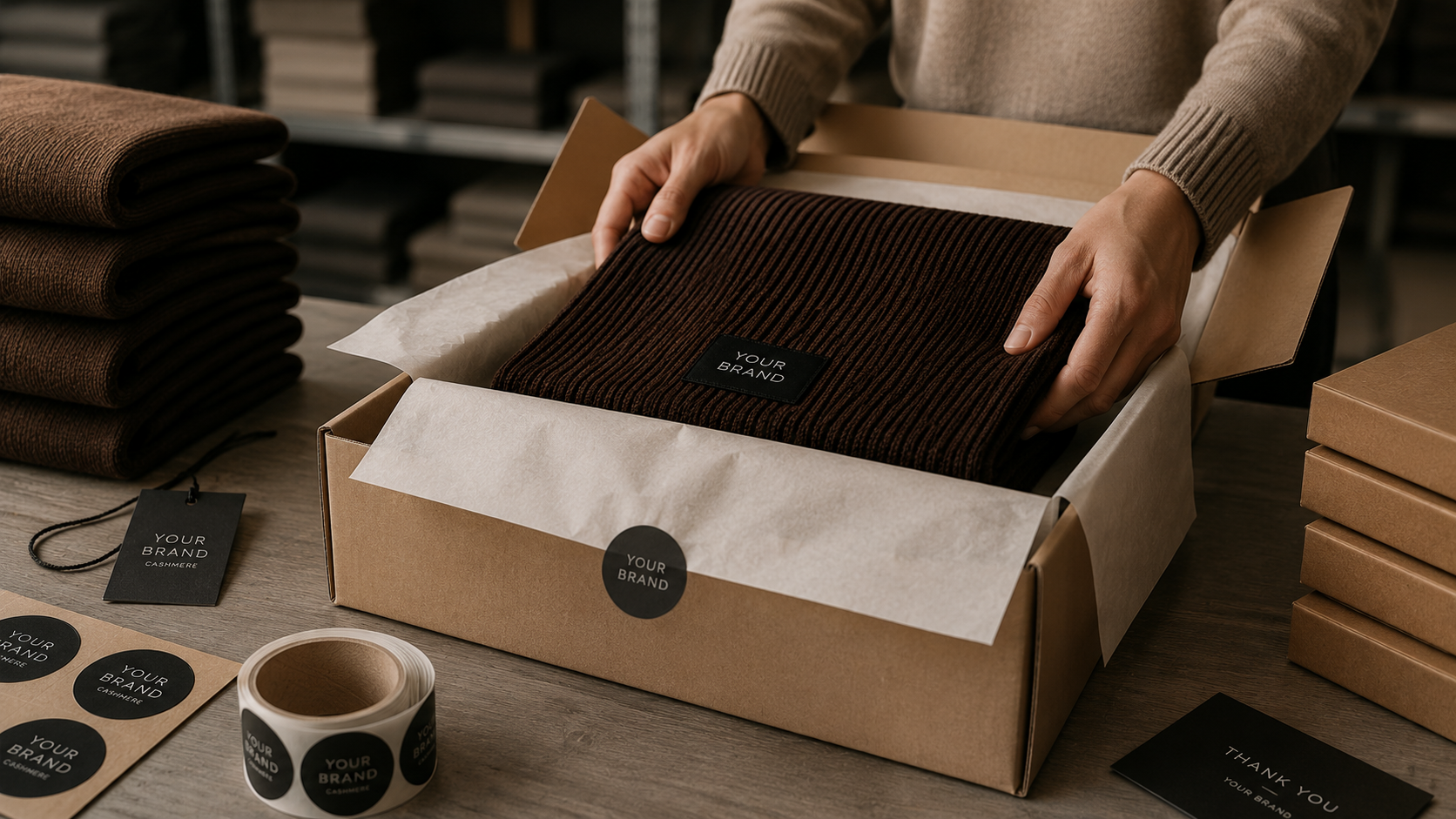 Private Label Cashmere Verpackung und Versandprozess von EMAAL CASHMERE