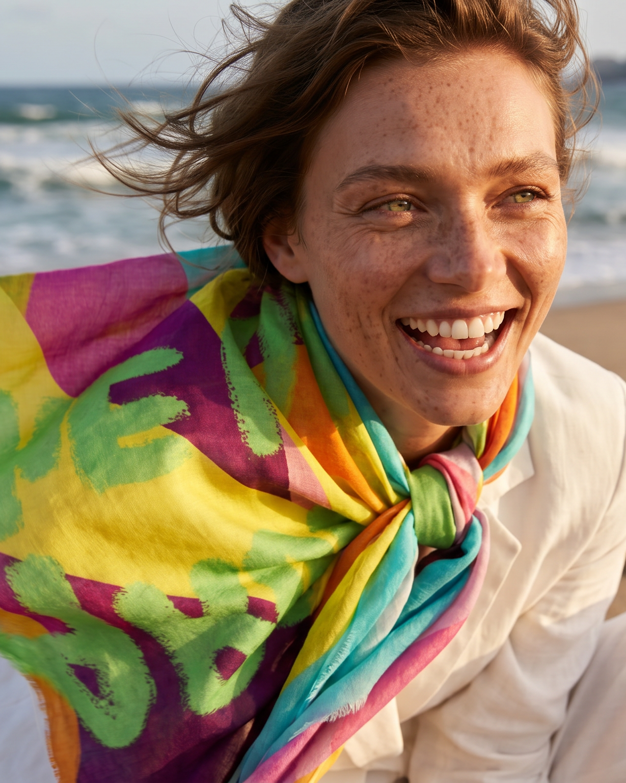 Frau am Meer mit 100% Kaschmir | EMAAL CASHMERE#Farbe_Mehrfarbiger-Print
