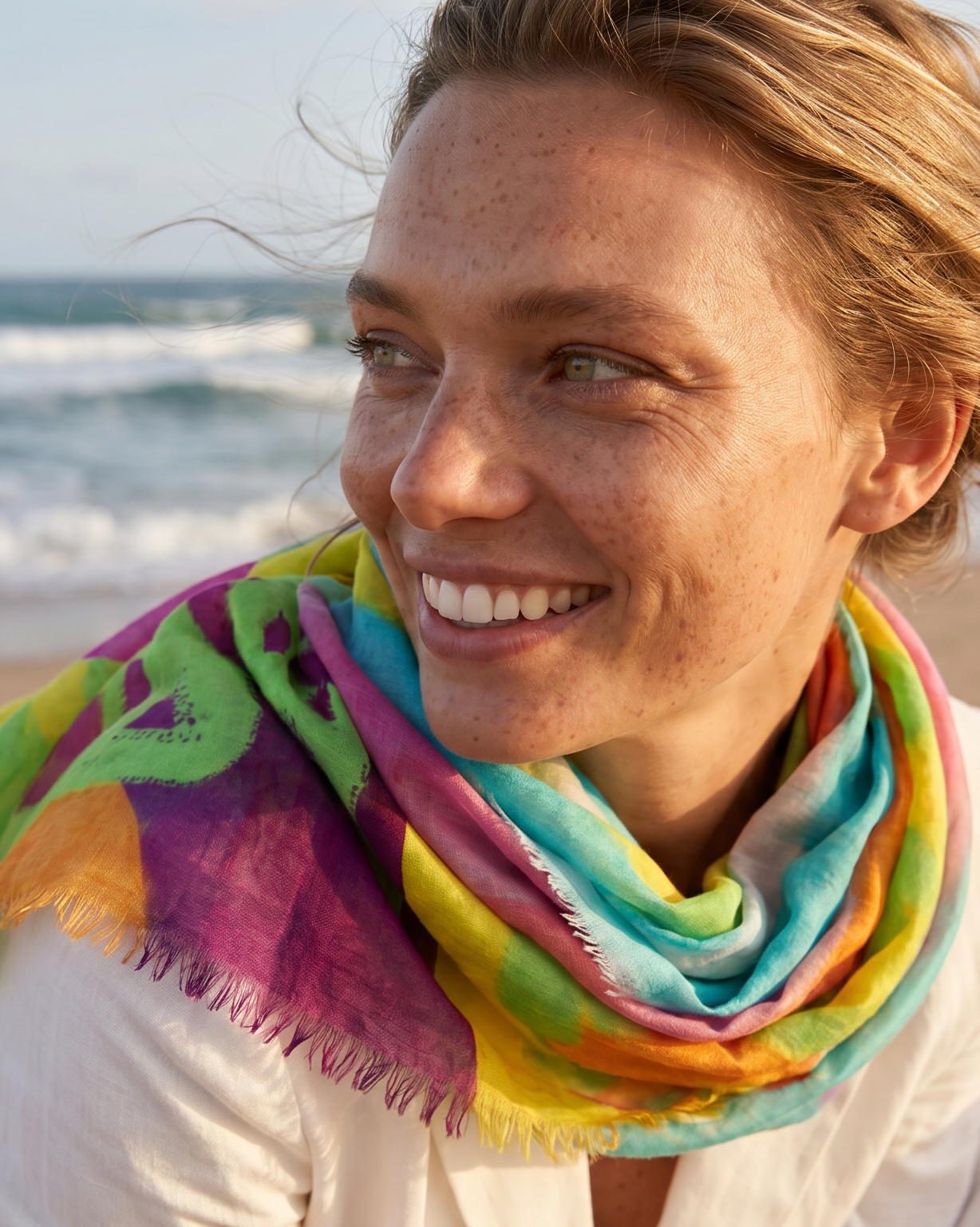 Frau am Meer mit Tuch#Farbe_Mehrfarbiger-Print