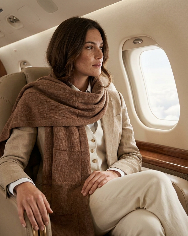 Model trägt braunen EMAAL CASHMERE Kaschmirschal Berlin im Flugzeug – weicher Schal aus 100% Kaschmir#Farbe_braun