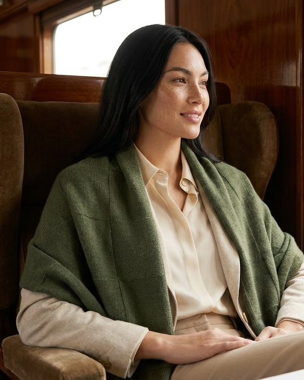 Model trägt dunkelgrünen EMAAL CASHMERE Kaschmirschal Berlin im Zug – weicher Schal aus 100% Kaschmir#Farbe_dunkelgrün