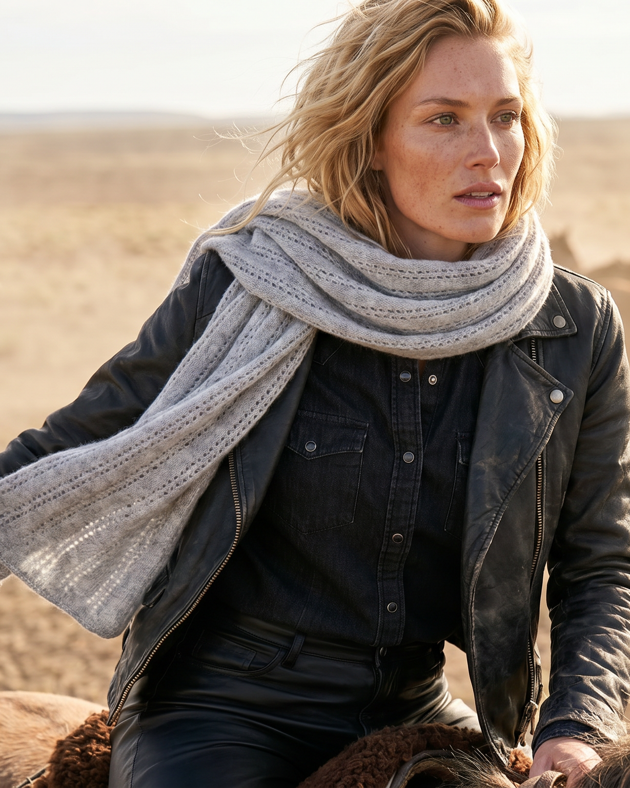Model trägt hellgrauen EMAAL CASHMERE Kaschmirschal LHASA in eleganter Outdoor-Szene#Farbe_hellgrau