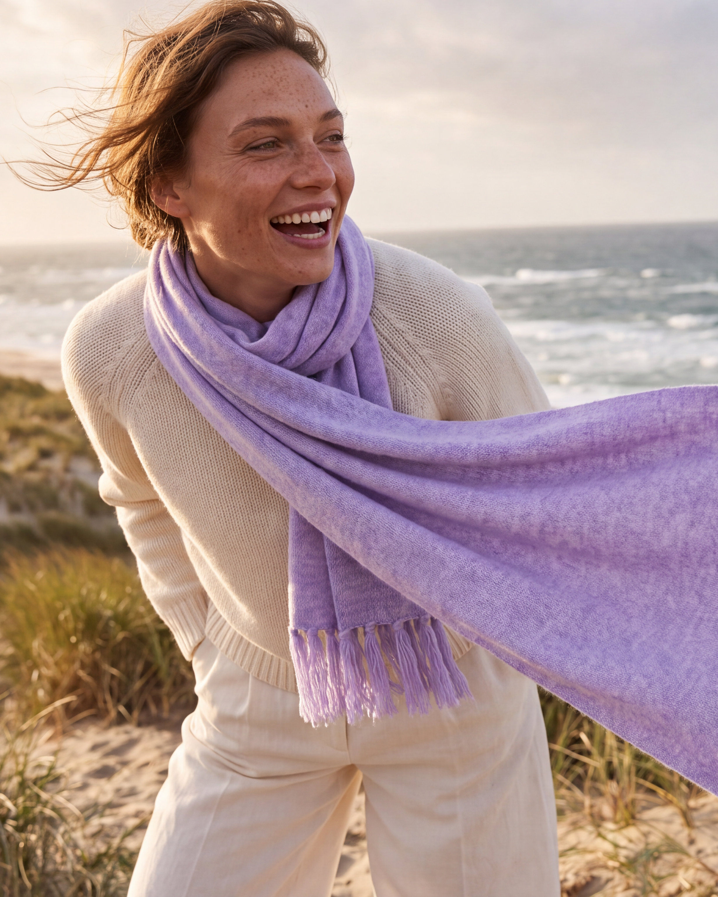 Frau mit Schal am Strand in Dünen#Farbe_Lavendel