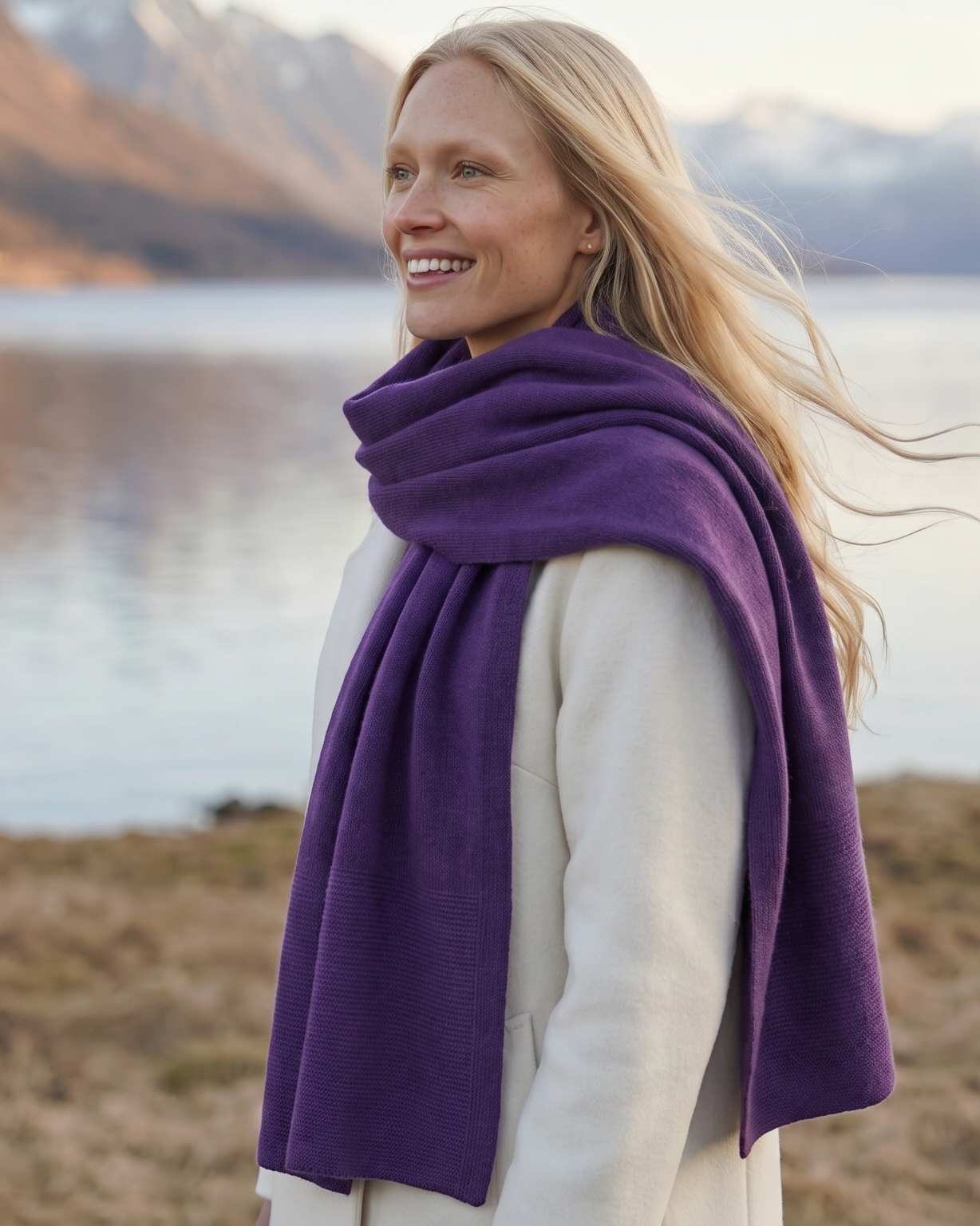 Editorial mit Frau und lila Kaschmirschal#Farbe_Pflaumenlila