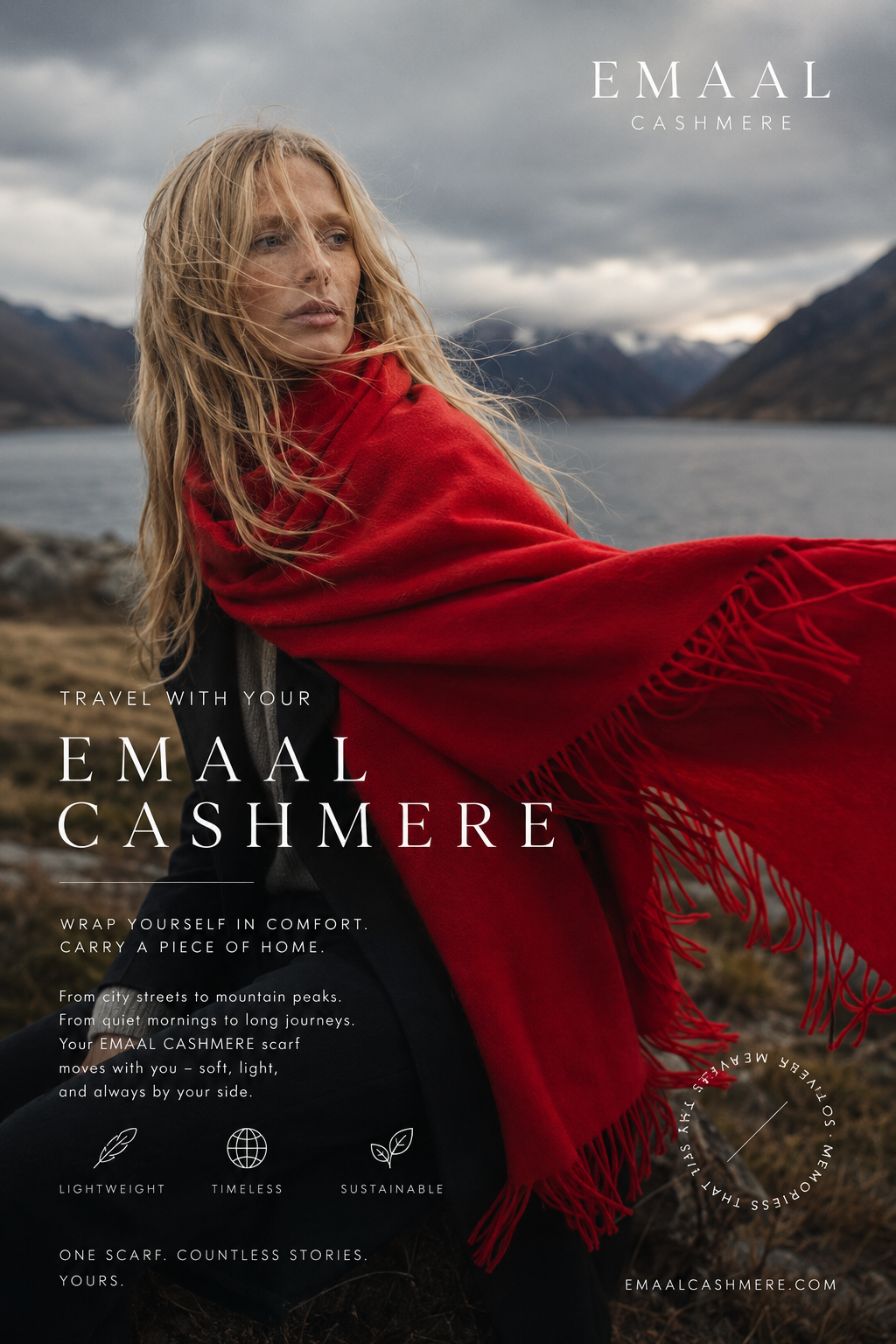 Hochwertiger Damen Cashmere Schal in natürlicher Outdoor-Kulisse – minimalistische Quiet Luxury Ästhetik inspiriert von der Natur