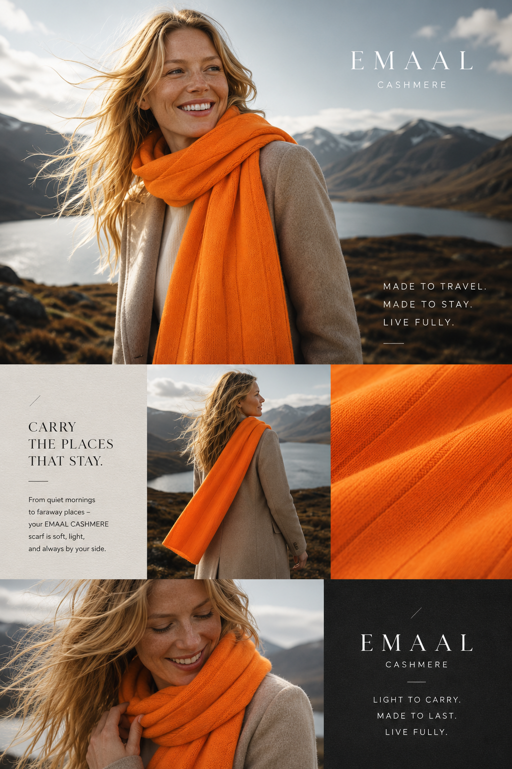 Frau in hochwertigem Premium Cashmere Schal in ruhiger Fjordlandschaft – natürliche Eleganz und moderner Luxus von Emaal Cashmere