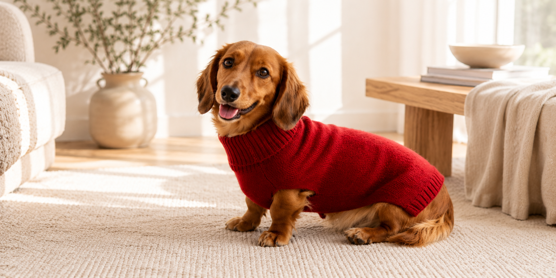 Kleiner Hund trägt weichen Kaschmir-Hundepullover von EMAAL CASHMERE