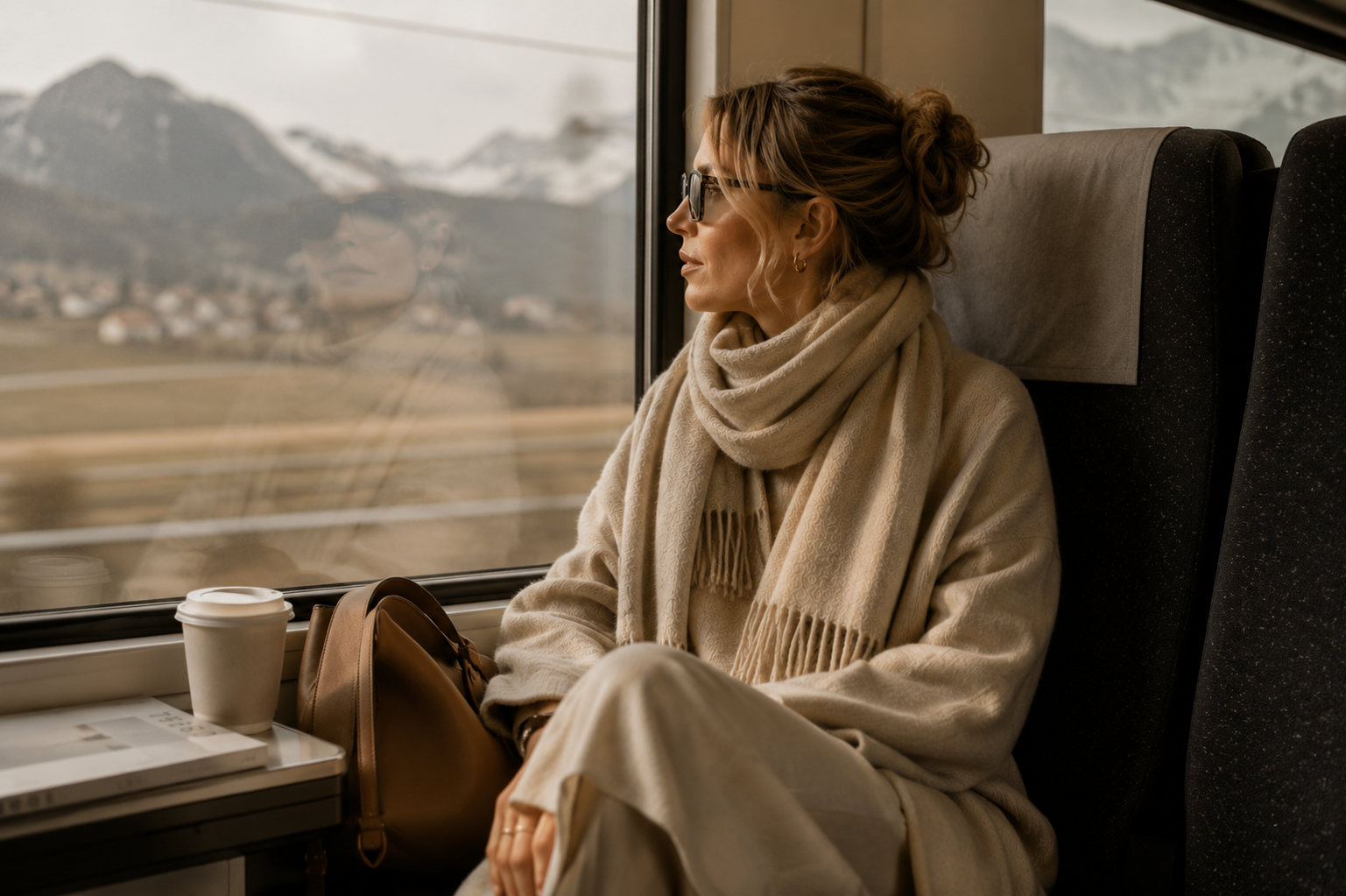 Moderne Frau trägt Premium Cashmere Schal auf Reisen